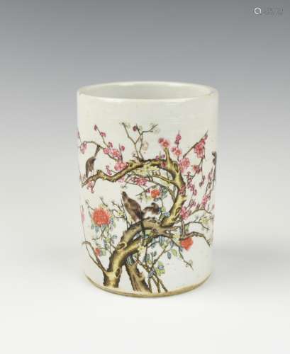 Chinese Famille Rose Brushpot w/ Magpie, 20th C.