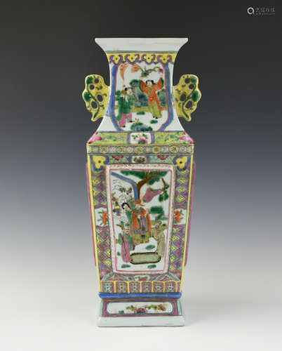 Chinese Famille Rose Square Vase w/ Figure,20th C.