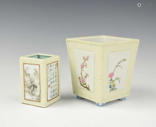 Chinese Famille Rose Flower Basin &Brushpot,20th C