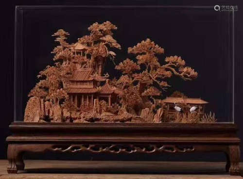 A WOOD CARVED HOUSE&TREE SHAPED ORNAMENT