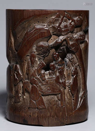 A BAMBOO CARVED FIGURE PATTERN BRUSH POT