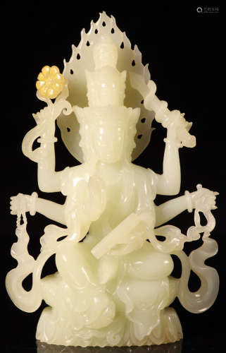 A HETIAN JADE CARVED GUANYIN BUDDHA WITH MULITPLE HANDS