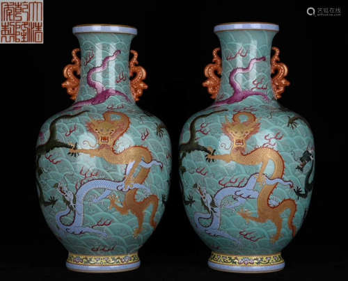 A CYAN BLUE GLAZE DRAGON PATTERN VASE