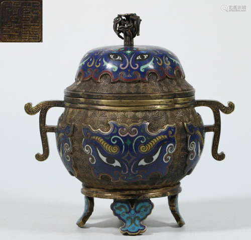 A CLOISONNE CARVED CENSER WITH BEAST PATTERN