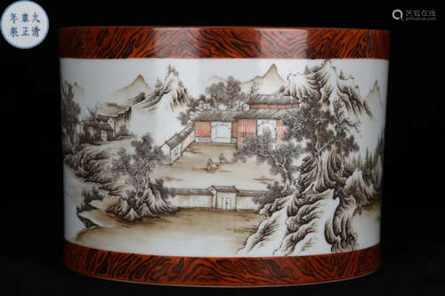 AN INK GLAZE LANDSCAPE PATTERN BRUSH POT