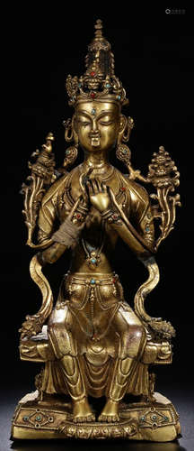 A GILT BRONZE WITH GEM MAITREYA BUDDHAT STATUE