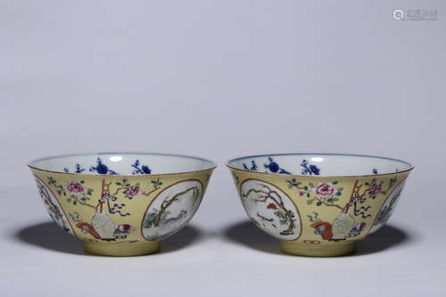 PAIR OF CHINESE BLUE & WHITE FAMILLE ROSE BOWL