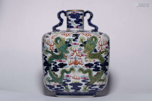 QIANLONG MARK, CHINESE BLUE & WHITE FAMILLE ROSE DRAGON VASE