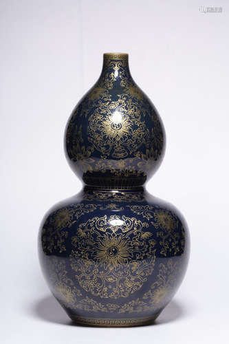 KANXI MARK, CHINESE GILT BLUE GLAZED GOURD VASE