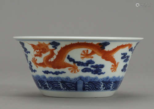 DAOGUANG MARK, CHINESE BLUE & WHITE IRON-RED DRAGON BOWL