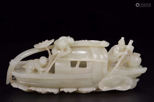 CHINESE CARVED HETIAN JADE BOAT