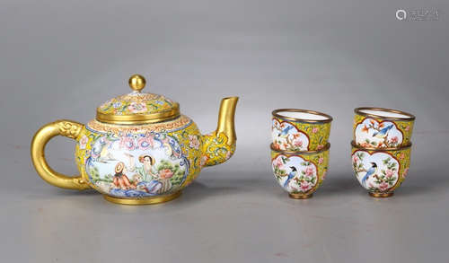 QIANLONG MARK, SET OF CHINESE CLOISONNE YELLOW GROUND TEA POT & CUPS