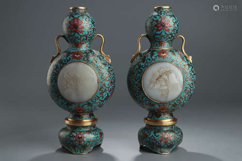 QIANLONG MARK, PAIR OF CHINESE CLOISONNE CARVED W/ JADE GOURD VASE