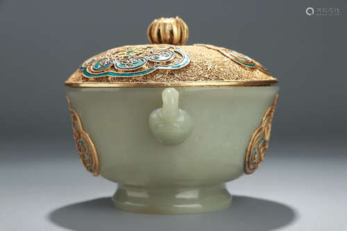 CHINESE CARVED HETIAN JADE DECORATED W/ GILT SILVER CLOISONNE BOWL W/ COVER