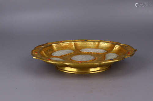 CHINESE GILT BRONZE CARVED W/ JADE PLATE