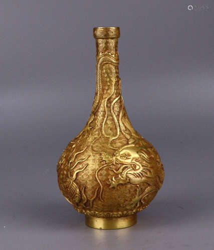 CHINESE BRONZE LONG NECK DRAGON VASE