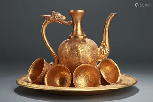 ZHENGUAN MARK, SET OF CHINESE GILT BRONZE DRAGON TEAPOT