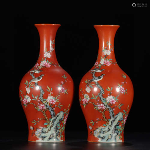 YONGZHENG MARK, PAIR OF CHINESE CORAL RED GLAZED BIRD VASE