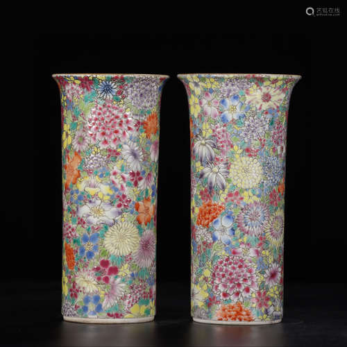 QIANLONG MARK, PAIR OF CHINESE GILT FAMILLE ROSE VASE