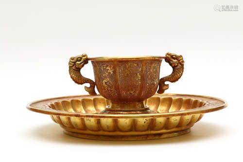 CHINESE GILT BRONZE CUP W/ STAND