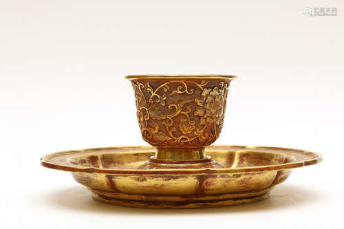 CHINESE GILT BRONZE CUP W/ STAND