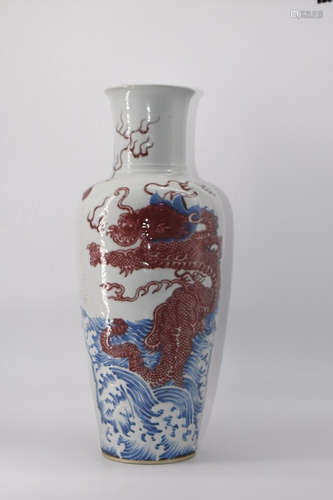 KANGXI MARK, CHINESE BLUE & WHITE RED GLAZED DRAGON VASE