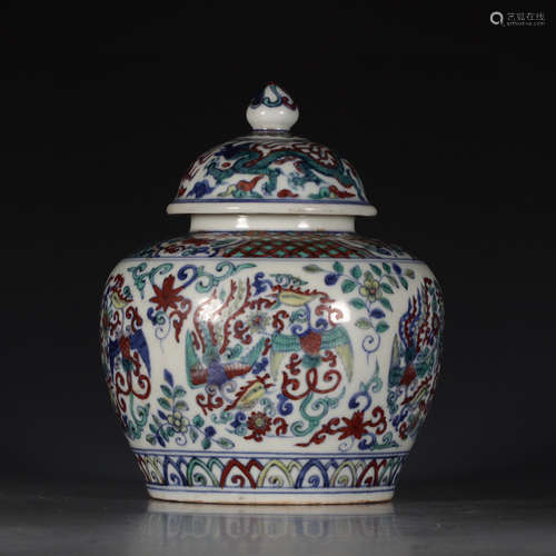 JIAJING MARK, CHINESE DOUCAI DRAGON JAR W/ COVER