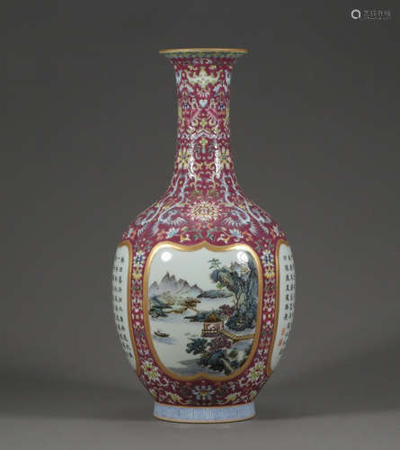 QIANLONG MARK, CHINESE RED GLAZED FAMILLE ROSE VASE