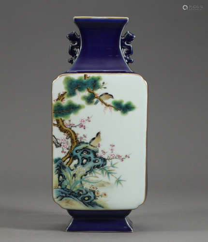 QIANLONG MARK, CHINESE BLUE GLAZED FAMILLE ROSE SQUARED VASE