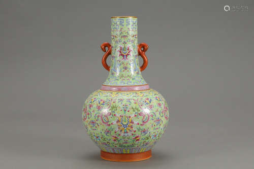 QIANLONG MARK, CHINESE LVSONG COLORED FAMILLE ROSE VASE