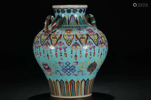 QIANLONG MARK, CHINESE BLUE G;AZED FAMILLE ROSE FISH VASE