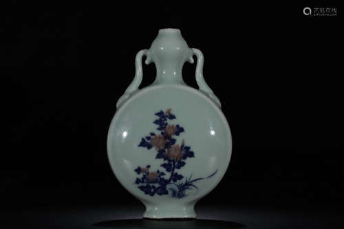 QIANLONG MARK, CHINESE CELADON BLUE & WHITE RED GLAZED MOONFLASK