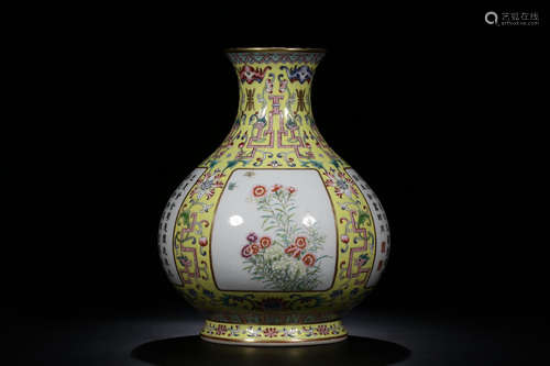 QIANLONG MARK, CHINESE FAMILLE ROSE YELLOW GROUND VASE