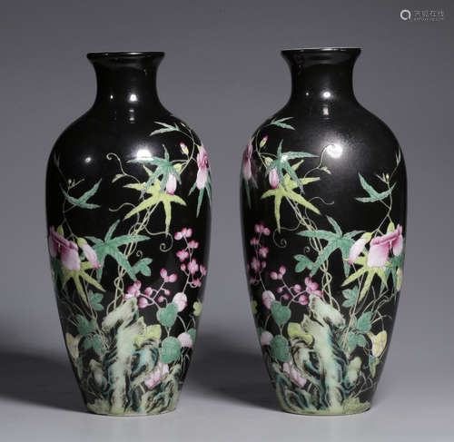 QIANLONG MARK, PAIR OF CHINESE BLACK GLAZED CLOISONNE VASE