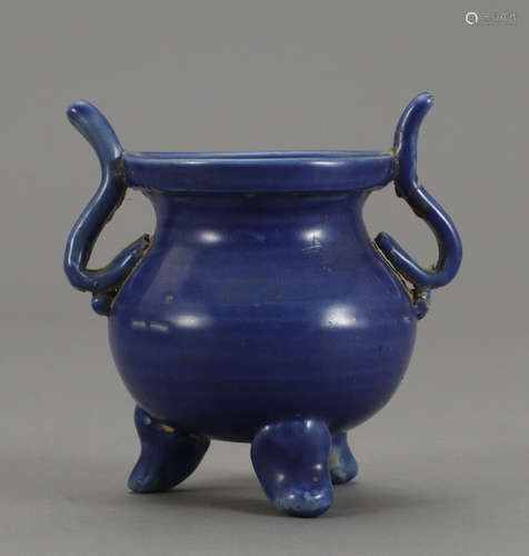 CHINESE BLUE GLAZED TRIPOD CENSER