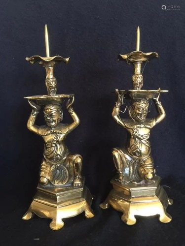 A Pair Of Bronze Figures Candles, Ming Dyn…