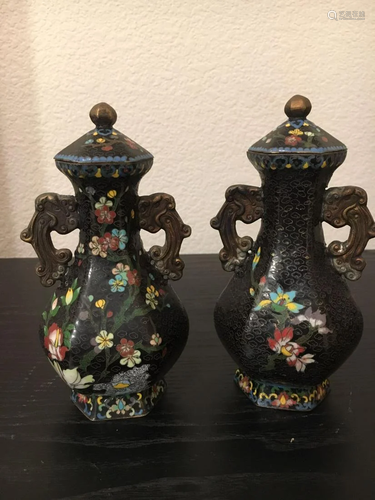 A Pair Of Black Glazed Cloisonne Ewers