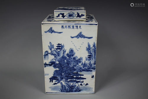 A Blue and White Rectangular Jar With Cove…