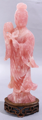 Chinese Rose-Quartz Figure of a Standing Lady