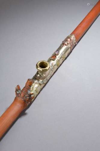 CHINA Around 1900. Bamboo opium pipe with celadon …