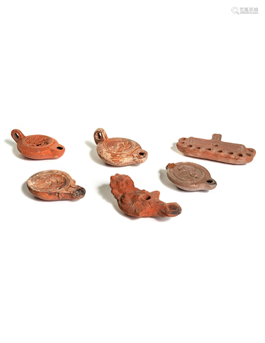 Six Roman Molded Terra Cotta Oil Lamps Wid…