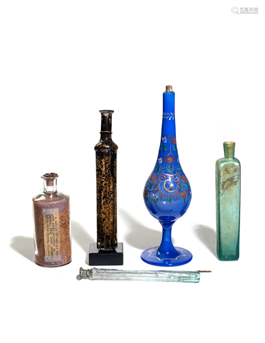 Four Glass Flasks and an Enameled Glass Pi…