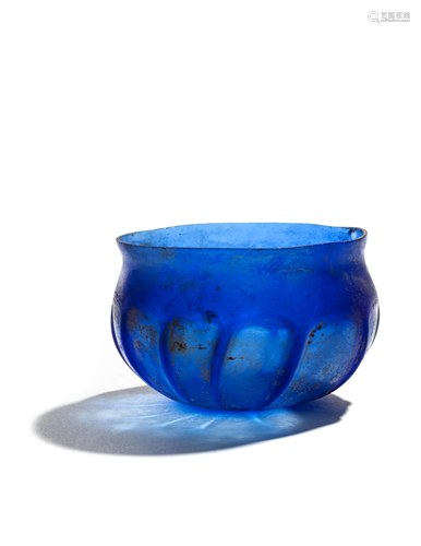 A Roman Blue Glass Ribbed Bowl