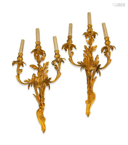 A Pair of Louis XV Style Gilt-Bronze Three-Light