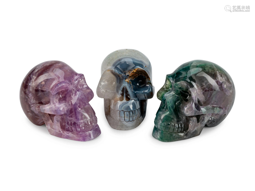 Three Carved Semi-Precious Stone Skulls Heig…