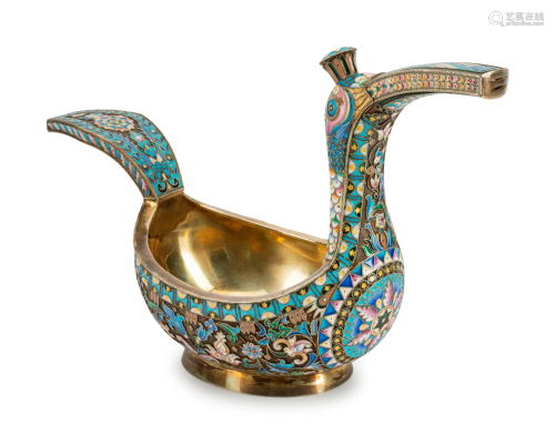 A Russian Silver and Enamel Bird-Form Kovsh H…
