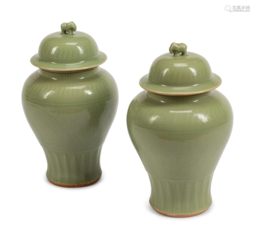 A Pair of Chinese Celadon-Glazed Porcelain…