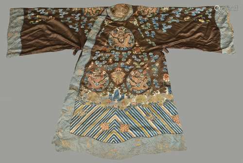 A Chinese embroidered chestnut silk Peking opera robe