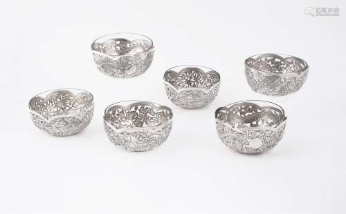 A set of six Chinese silver pierced bowls