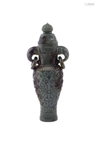 A Chinese spinach-green jade archaistic pear-shaped vase and cover